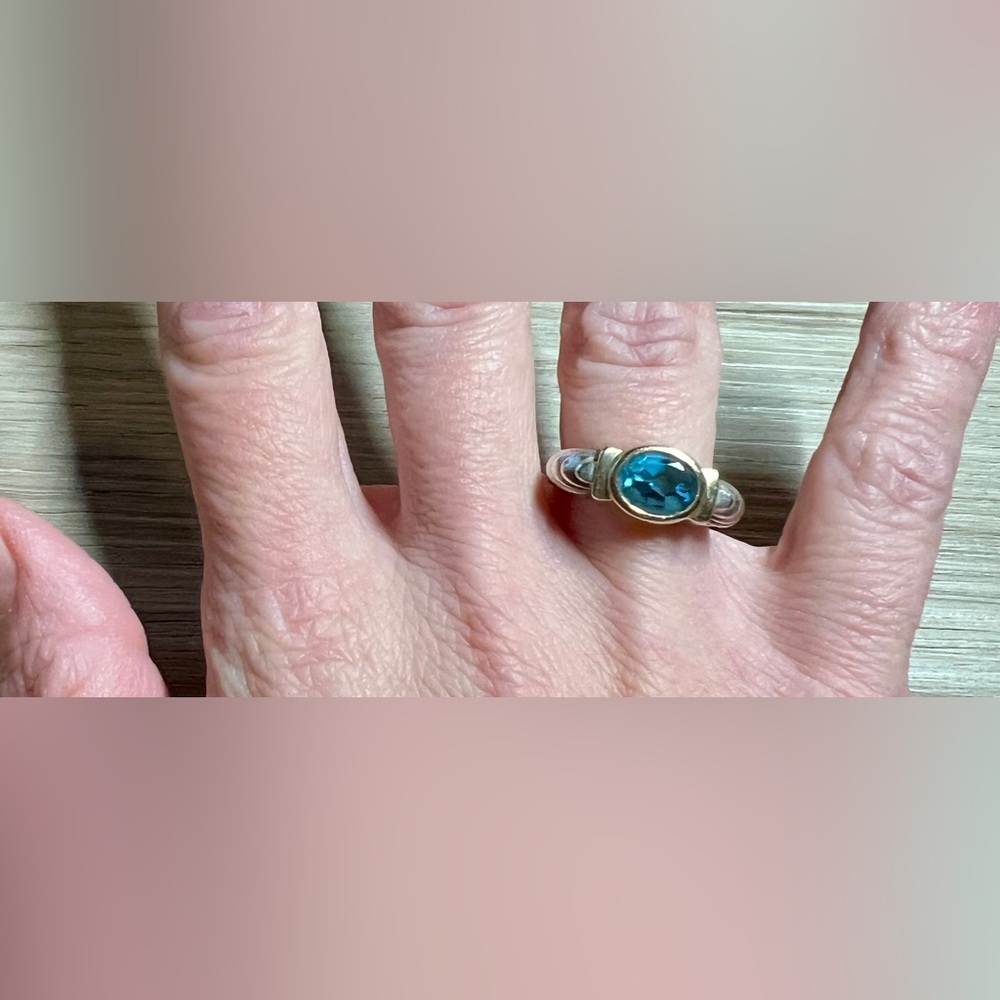 Designer KD Sterling Silver & 14K Gold Blue Topaz Solitaire Ring, Size 7.25, 4g - Picture 10 of 12